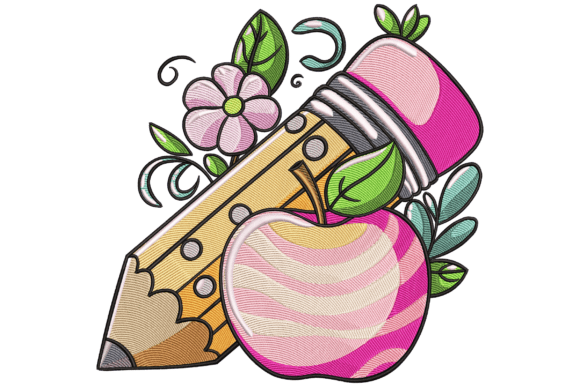 Pencil and Apple Embroidery Design